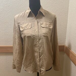 Ralph Lauren Petite 4P Tan button Blouse 100% silk